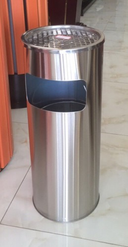 Round stainless steel dustbin with ashtray